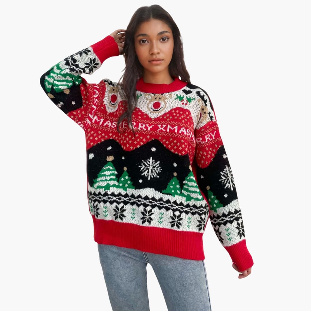 Damen Weihnachts Pullover mit Schneeflocken und Tannenbaum Muster