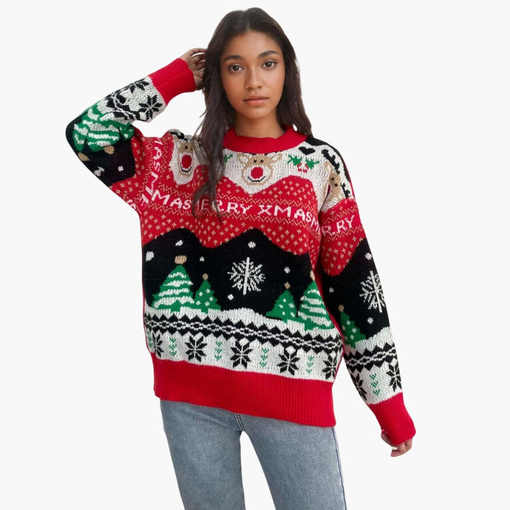 Damen Weihnachts Pullover mit Schneeflocken und Tannenbaum Muster