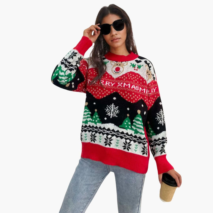 Damen Weihnachts Pullover mit Schneeflocken und Tannenbaum Muster