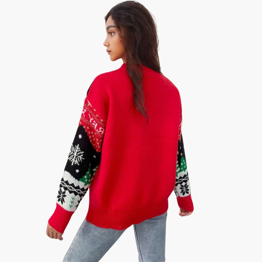 Damen Weihnachts Pullover mit Schneeflocken und Tannenbaum Muster