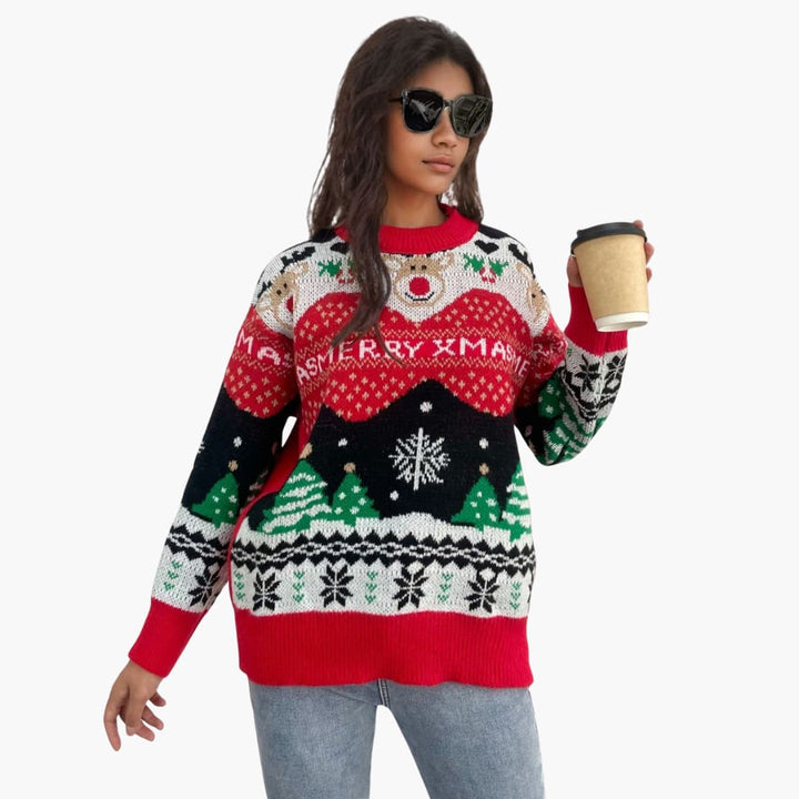 Damen Weihnachts Pullover mit Schneeflocken und Tannenbaum Muster