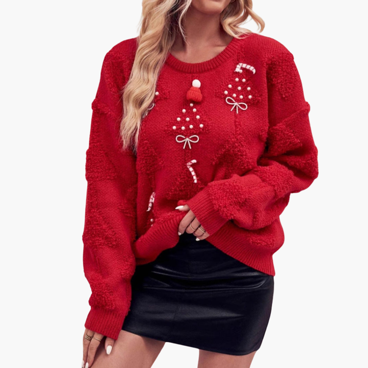 Damen Weihnachtspullover mit 3D Tannenbaum und gestickten Motiven