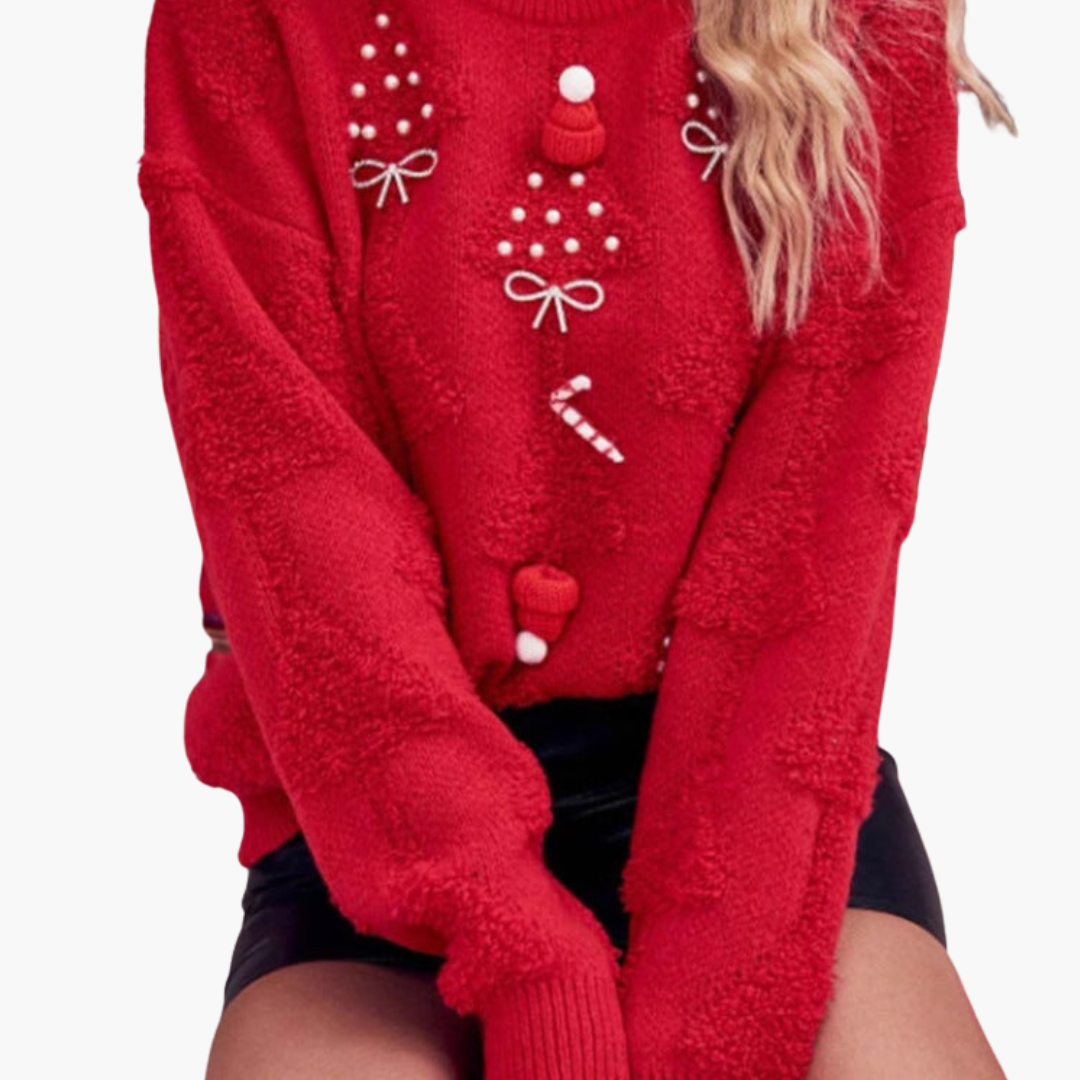 Damen Weihnachtspullover mit 3D Tannenbaum und gestickten Motiven