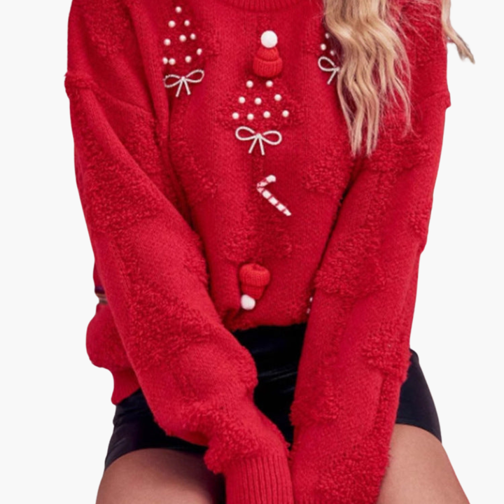 Damen Weihnachtspullover mit 3D Tannenbaum und gestickten Motiven