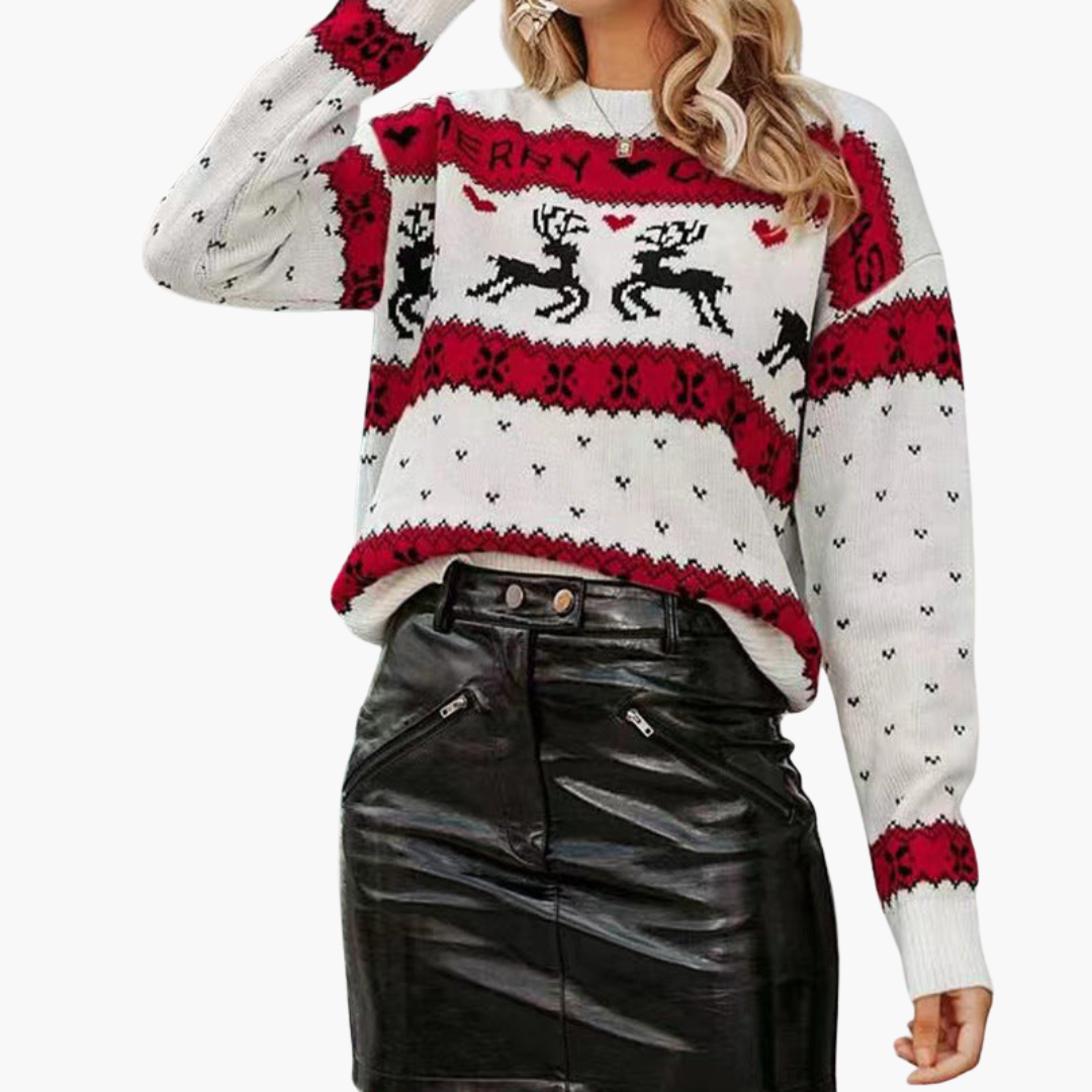 Damen Weihnachtspullover mit Rentier und Schneeflockenmuster