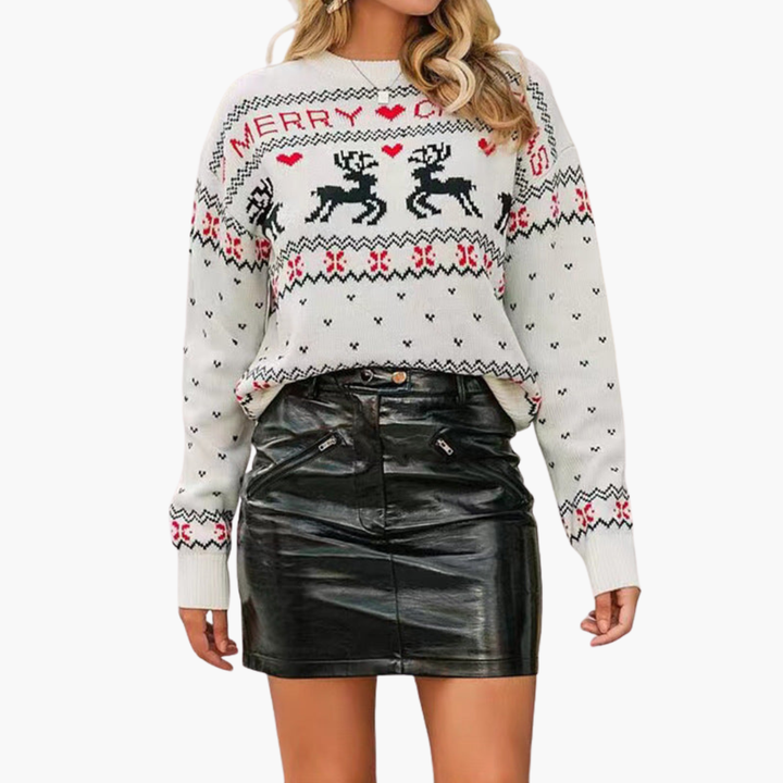 Damen Weihnachtspullover mit Rentier und Schneeflockenmuster