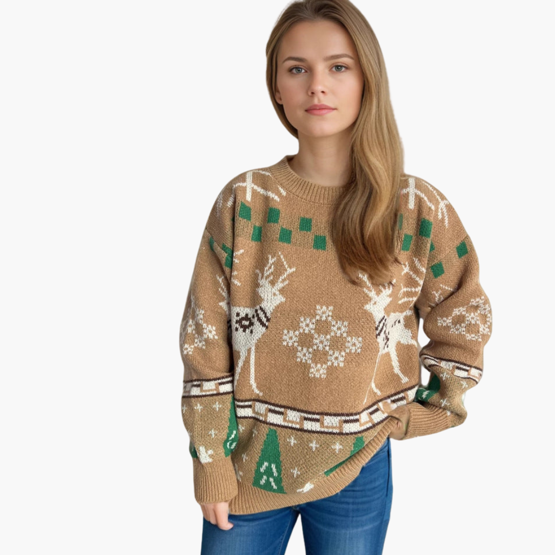 Damen Weihnachtspullover mit Rentiermuster im Oversized-Stil
