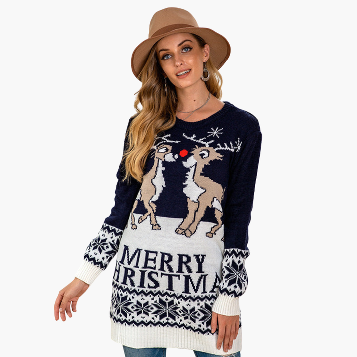 Damen Weihnachtspullover mit Rentier und Schneeflockenmuster