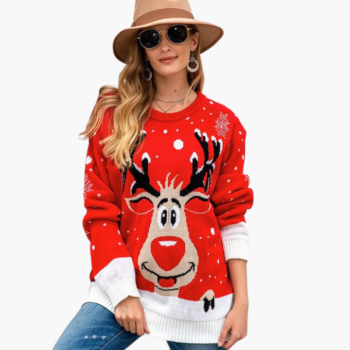 Damen Weihnachtspullover mit Rentier und Schneeflockenmuster