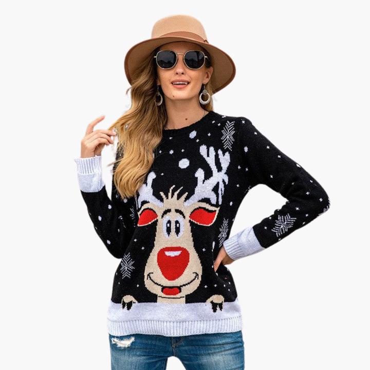 Damen Weihnachtspullover mit Rentier und Schneeflockenmuster