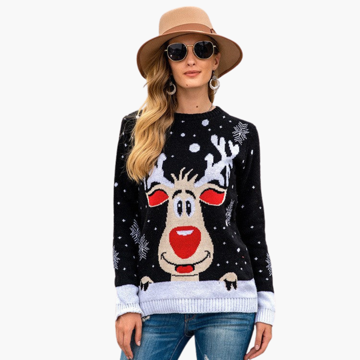 Damen Weihnachtspullover mit Rentier und Schneeflockenmuster