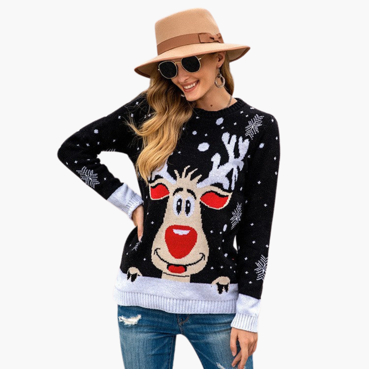 Damen Weihnachtspullover mit Rentier und Schneeflockenmuster