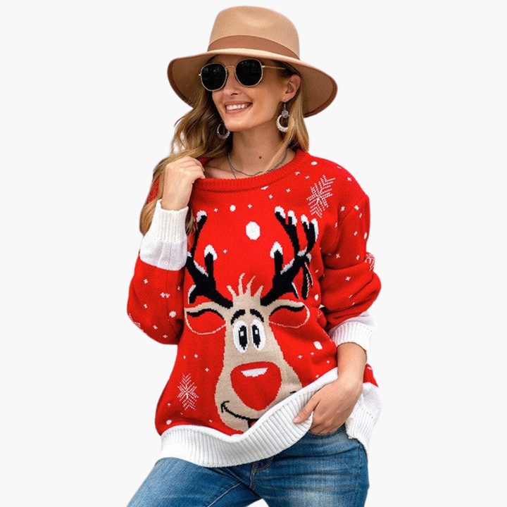 Damen Weihnachtspullover mit Rentier und Schneeflockenmuster