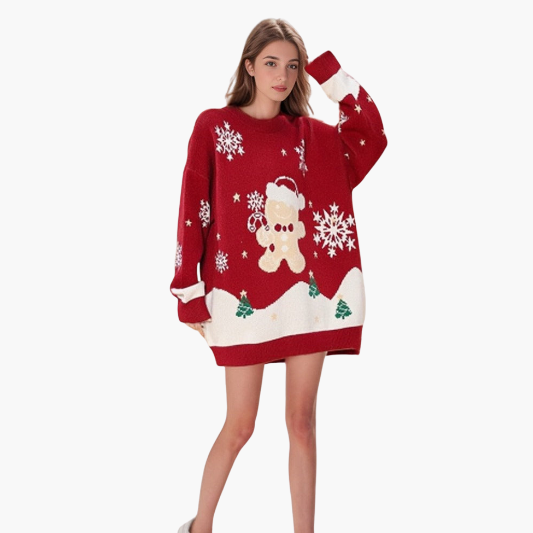 Damen Weihnachtspullover mit Schneemann und Tannenbaum Motiv