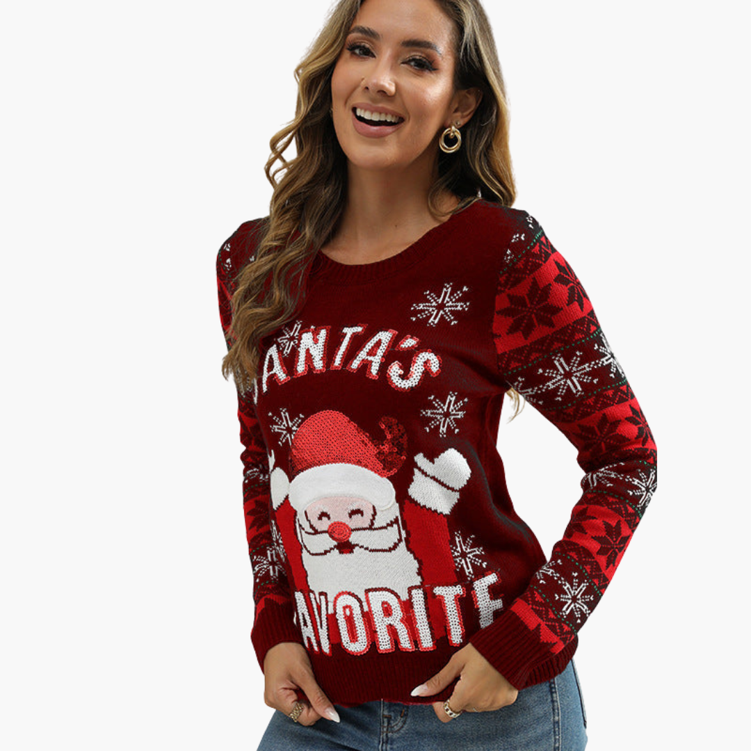 Damen Weihnachtspullover mit Schneemann und Tannenbaum-Motiv