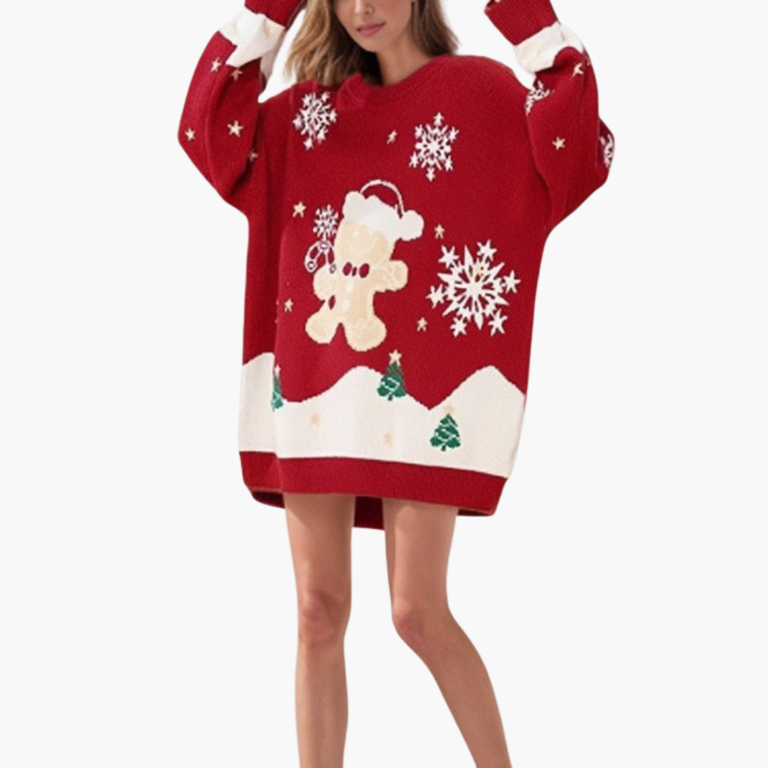 Damen Weihnachtspullover mit Schneemann und Tannenbaum Motiv