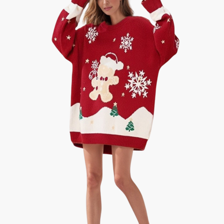 Damen Weihnachtspullover mit Schneemann und Tannenbaum Motiv