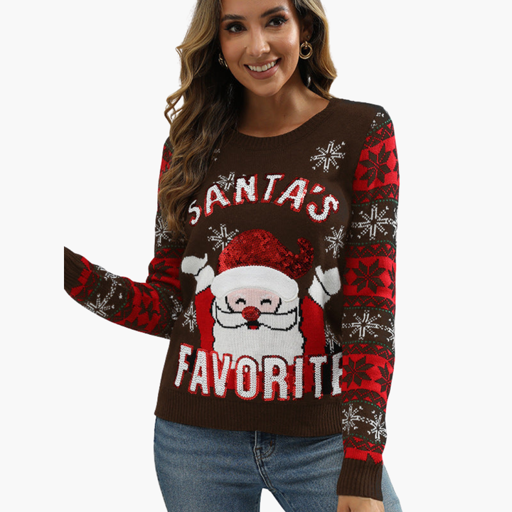 Damen Weihnachtspullover mit Schneemann und Tannenbaum-Motiv