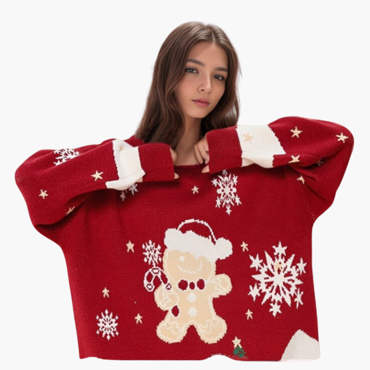 Damen Weihnachtspullover mit Schneemann und Tannenbaum Motiv