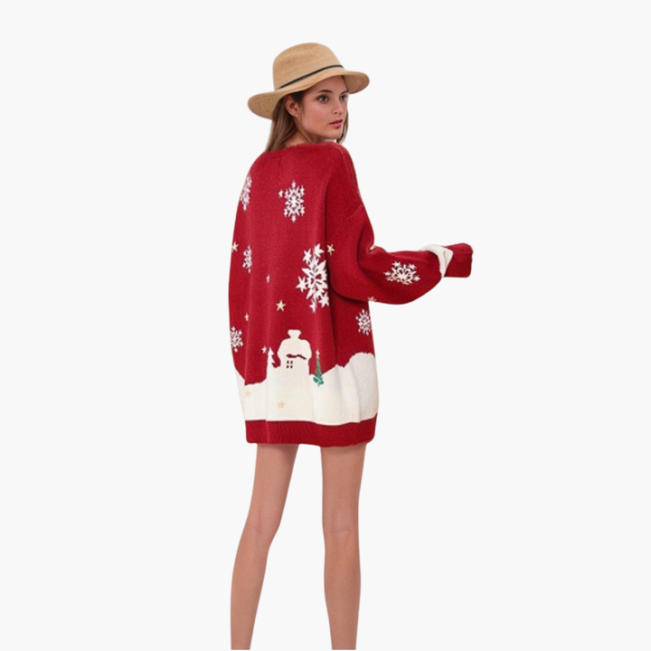 Damen Weihnachtspullover mit Schneemann und Tannenbaum Motiv