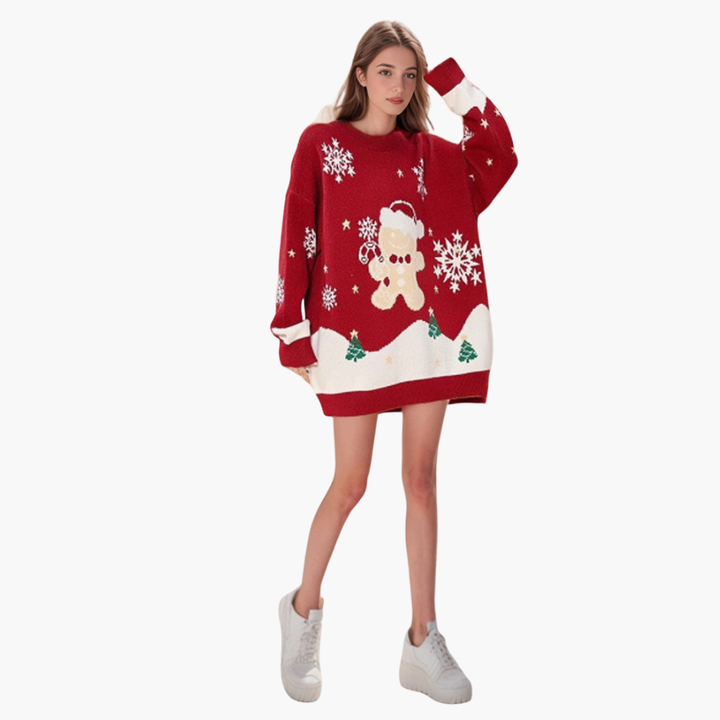 Damen Weihnachtspullover mit Schneemann und Tannenbaum Motiv