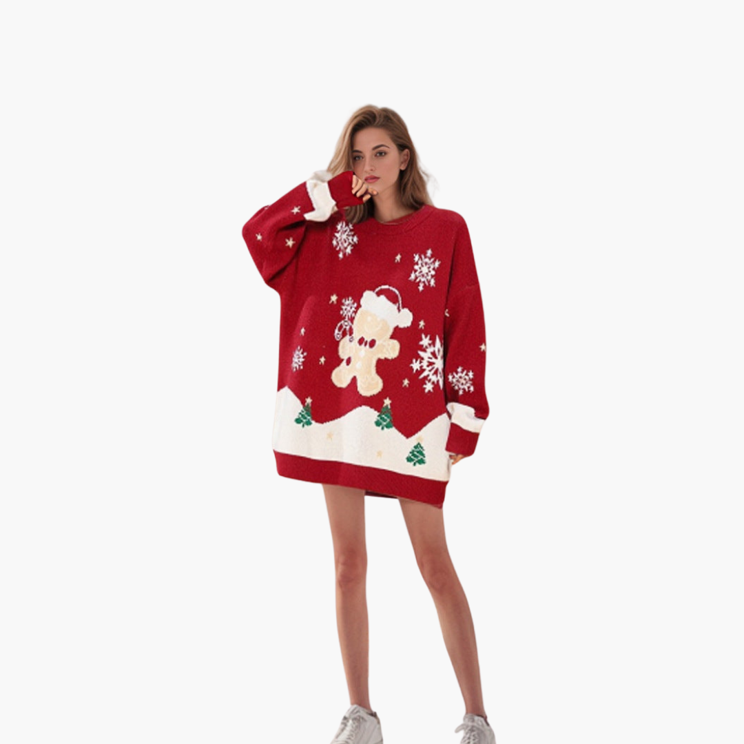 Damen Weihnachtspullover mit Schneemann und Tannenbaum Motiv
