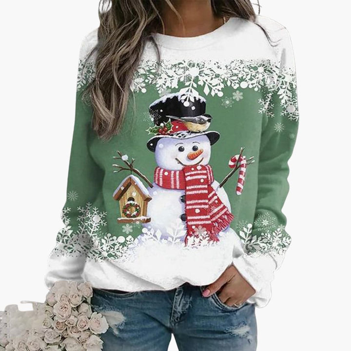 Damen Weihnachtspullover mit Schneemann und Schneeflocken Print