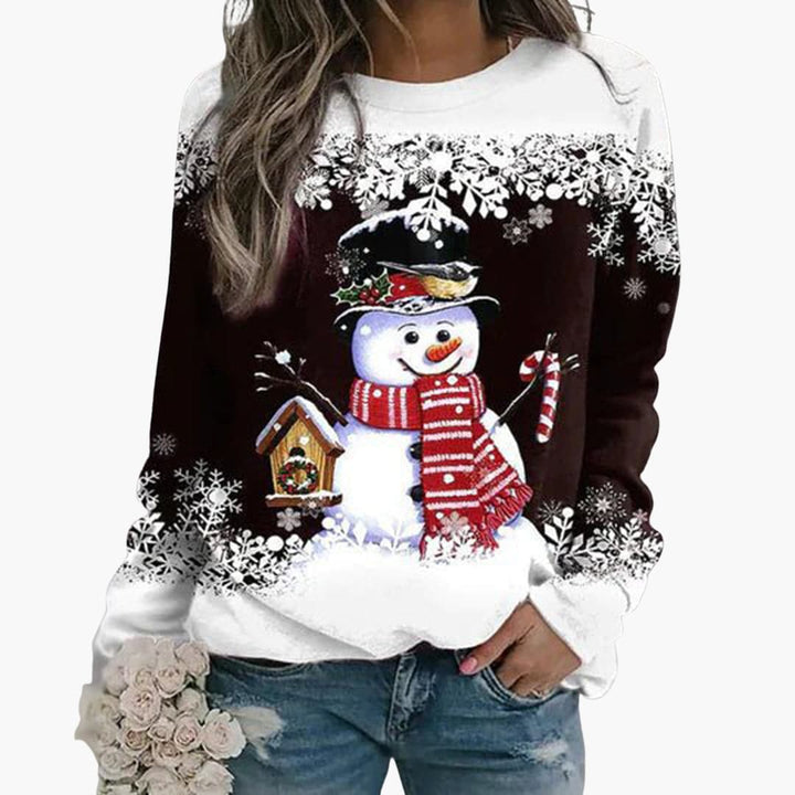 Damen Weihnachtspullover mit Schneemann und Schneeflocken Print