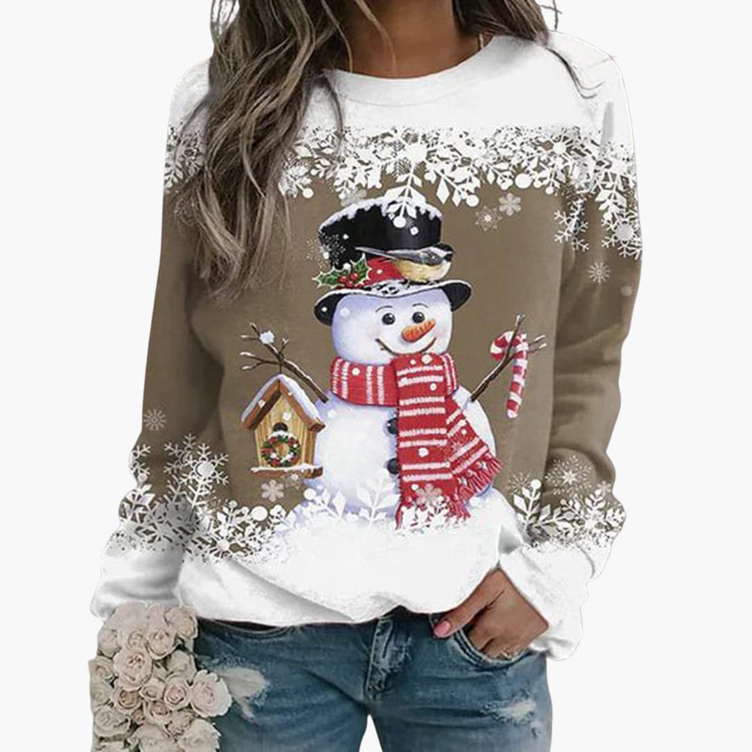 Damen Weihnachtspullover mit Schneemann und Schneeflocken Print