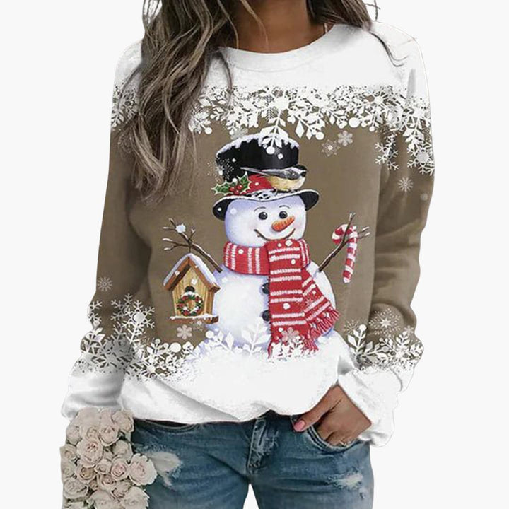 Damen Weihnachtspullover mit Schneemann und Schneeflocken Print