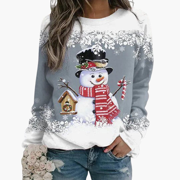 Damen Weihnachtspullover mit Schneemann und Schneeflocken Print