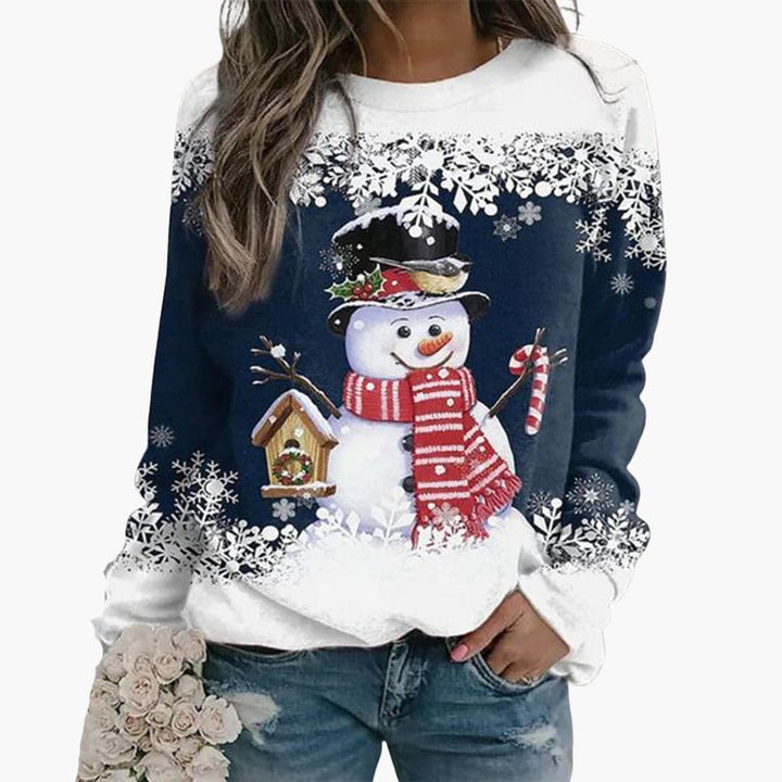 Damen Weihnachtspullover mit Schneemann und Schneeflocken Print