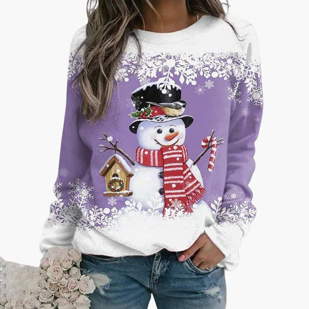 Damen Weihnachtspullover mit Schneemann und Schneeflocken Print