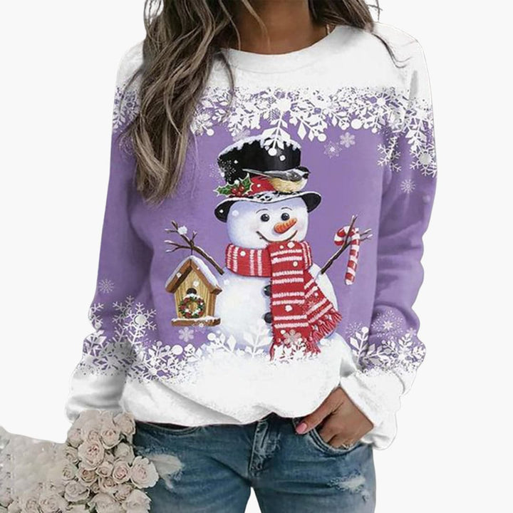 Damen Weihnachtspullover mit Schneemann und Schneeflocken Print