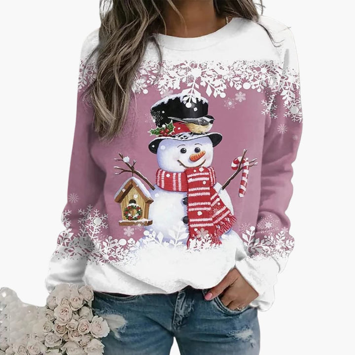 Damen Weihnachtspullover mit Schneemann und Schneeflocken Print