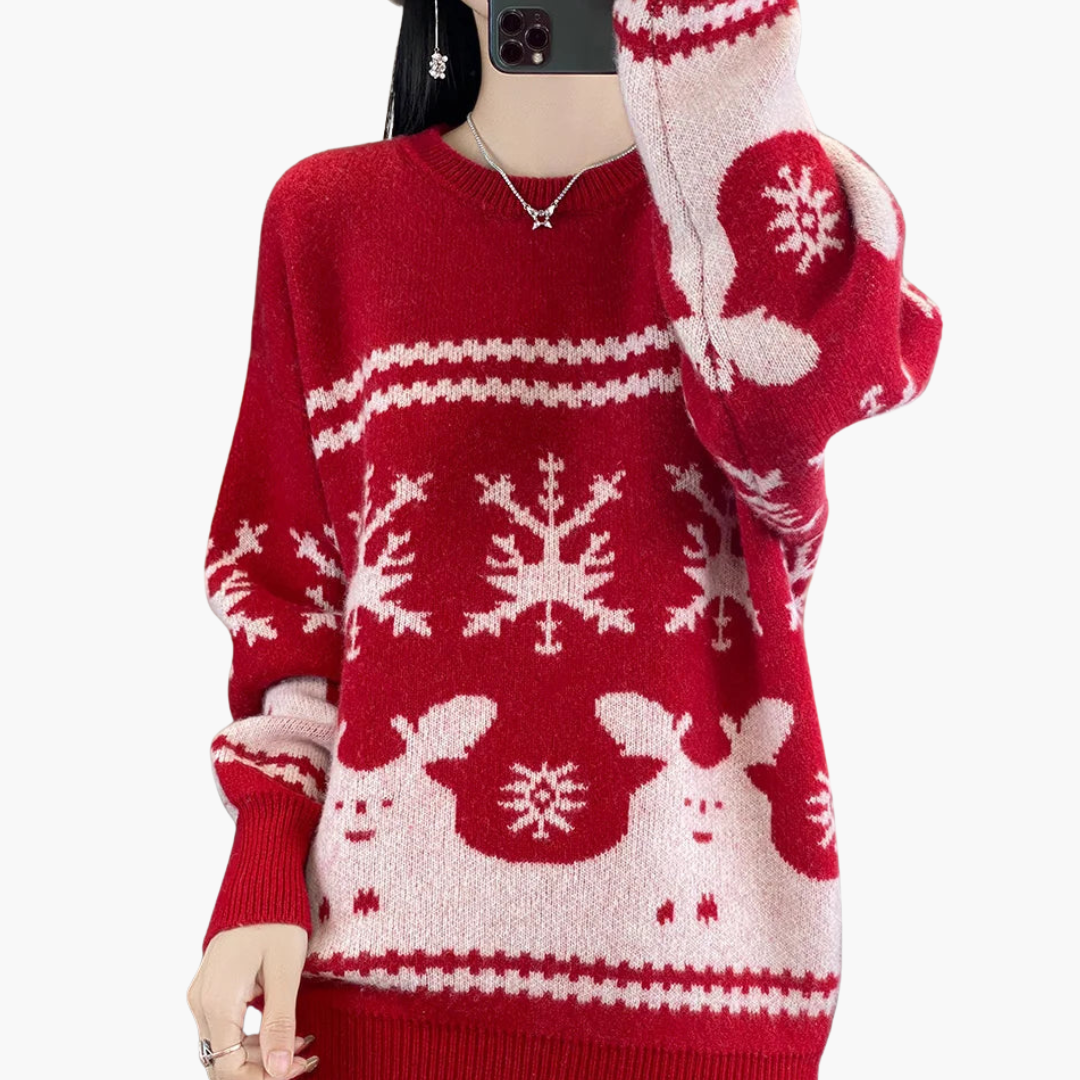 Damen Weihnachtspullover mit Strickmuster und Rundhals