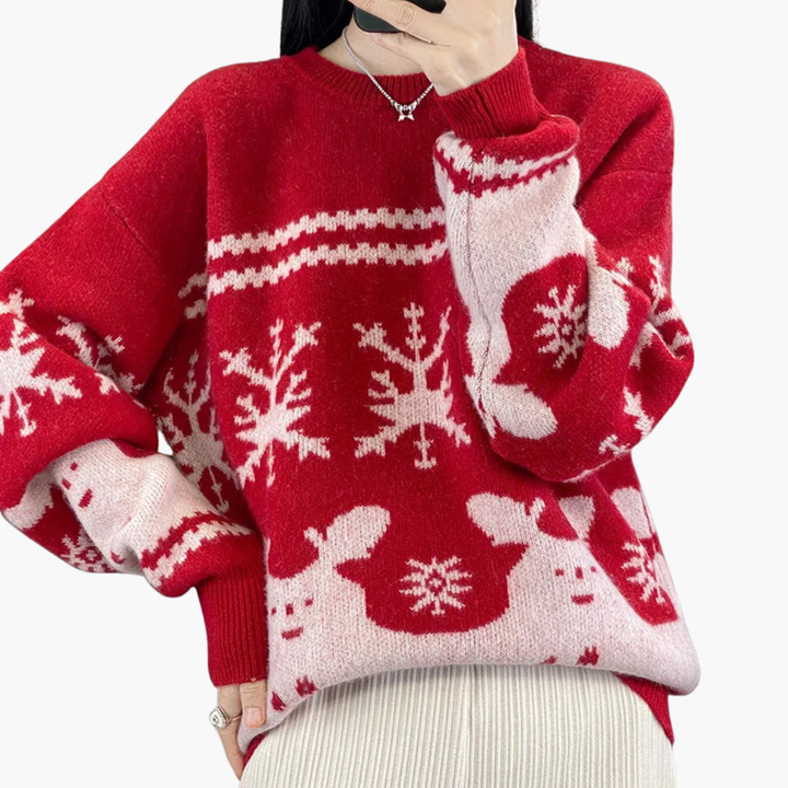 Damen Weihnachtspullover mit Strickmuster und Rundhals