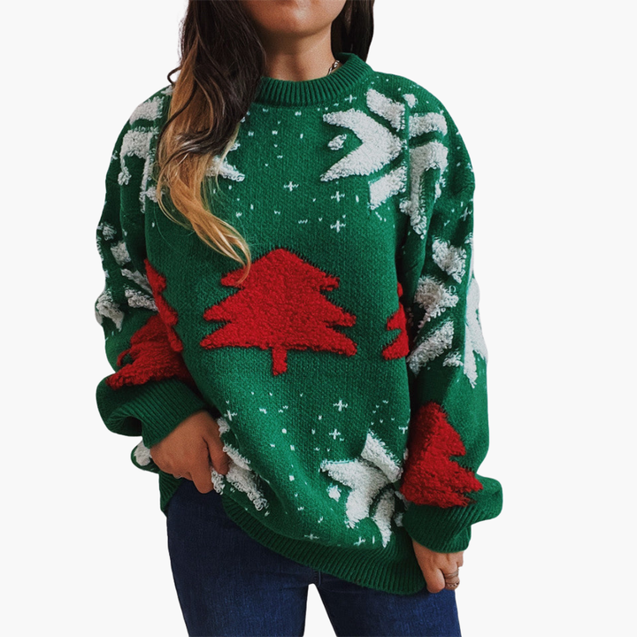 Damen Weihnachtspullover mit Tannenbaum- und Schneeflockenmotiv