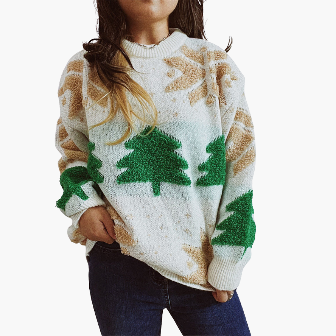 Damen Weihnachtspullover mit Tannenbaum- und Schneeflockenmotiv