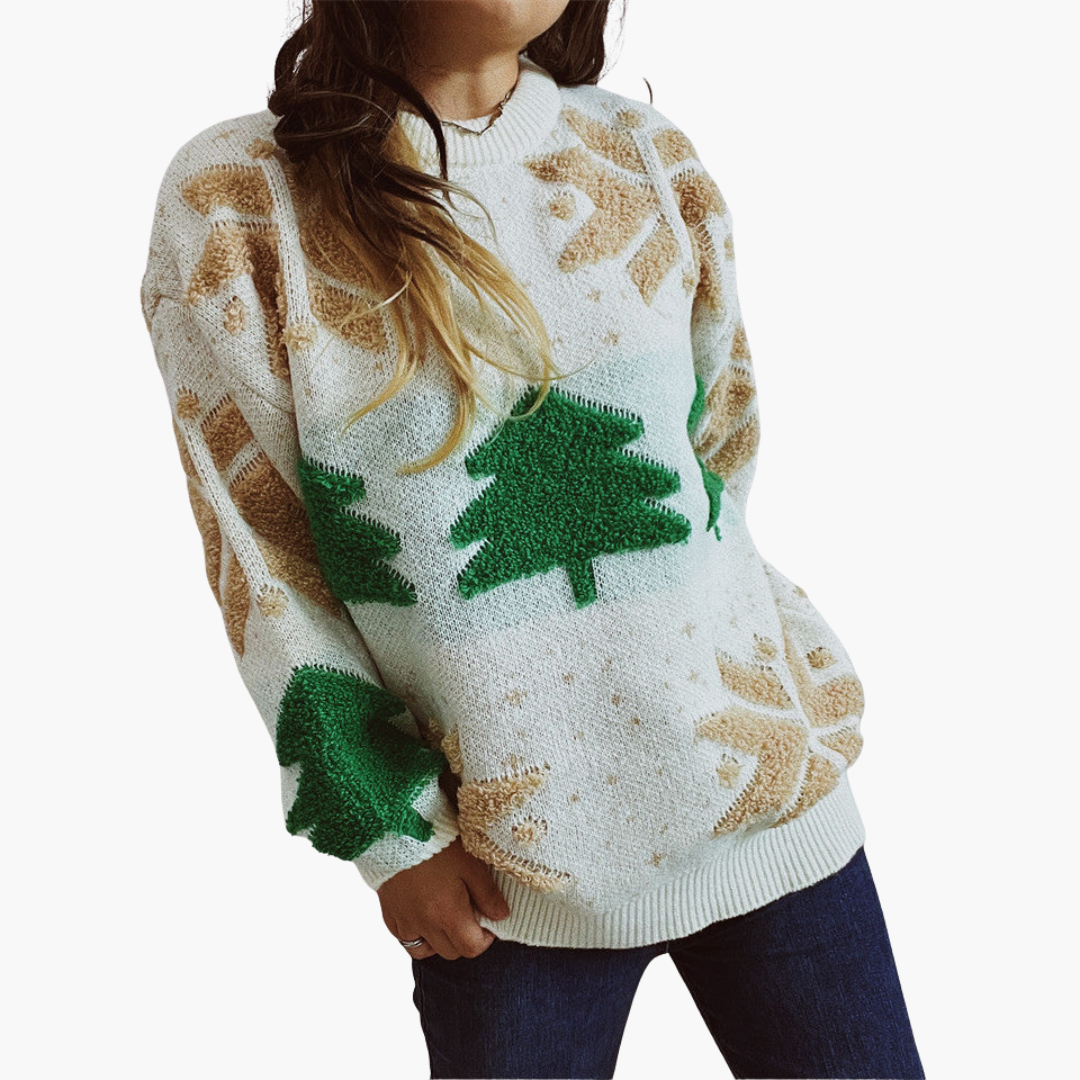 Damen Weihnachtspullover mit Tannenbaum- und Schneeflockenmotiv