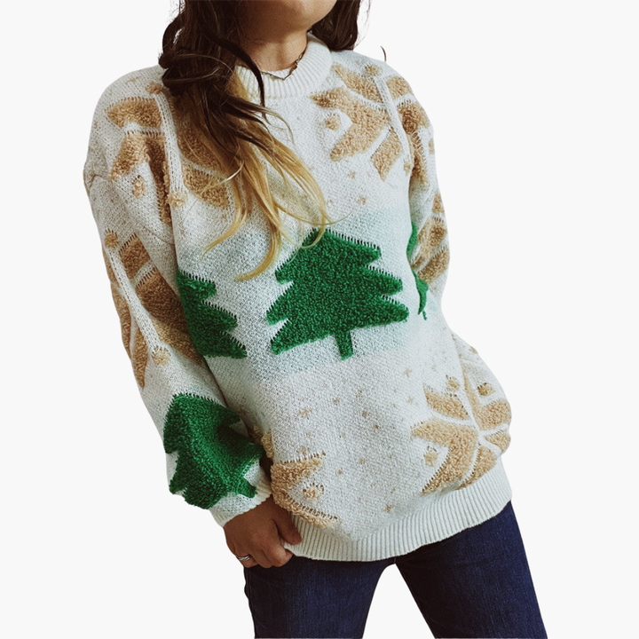 Damen Weihnachtspullover mit Tannenbaum- und Schneeflockenmotiv