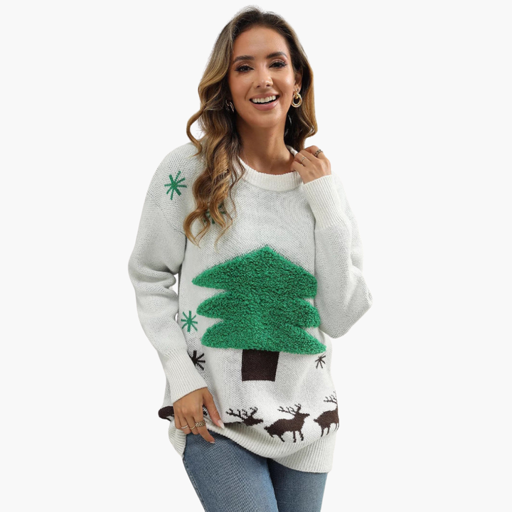 Damen Weihnachtspullover mit Tannenbaum und Schneeflockenmotiv