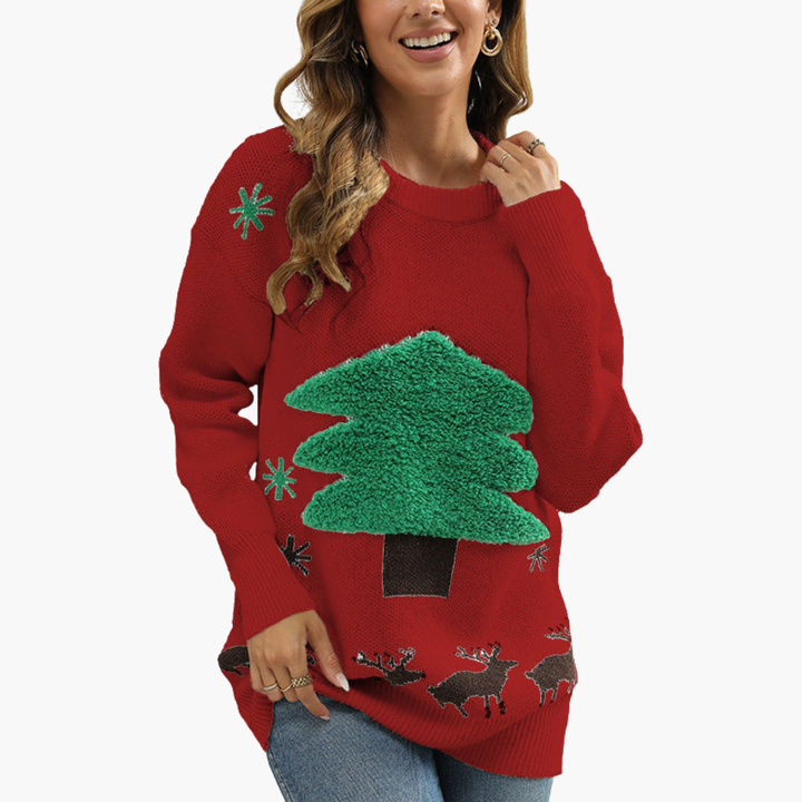 Damen Weihnachtspullover mit Tannenbaum und Schneeflockenmotiv