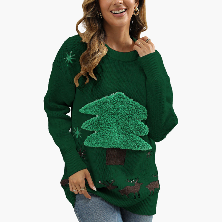 Damen Weihnachtspullover mit Tannenbaum und Schneeflockenmotiv