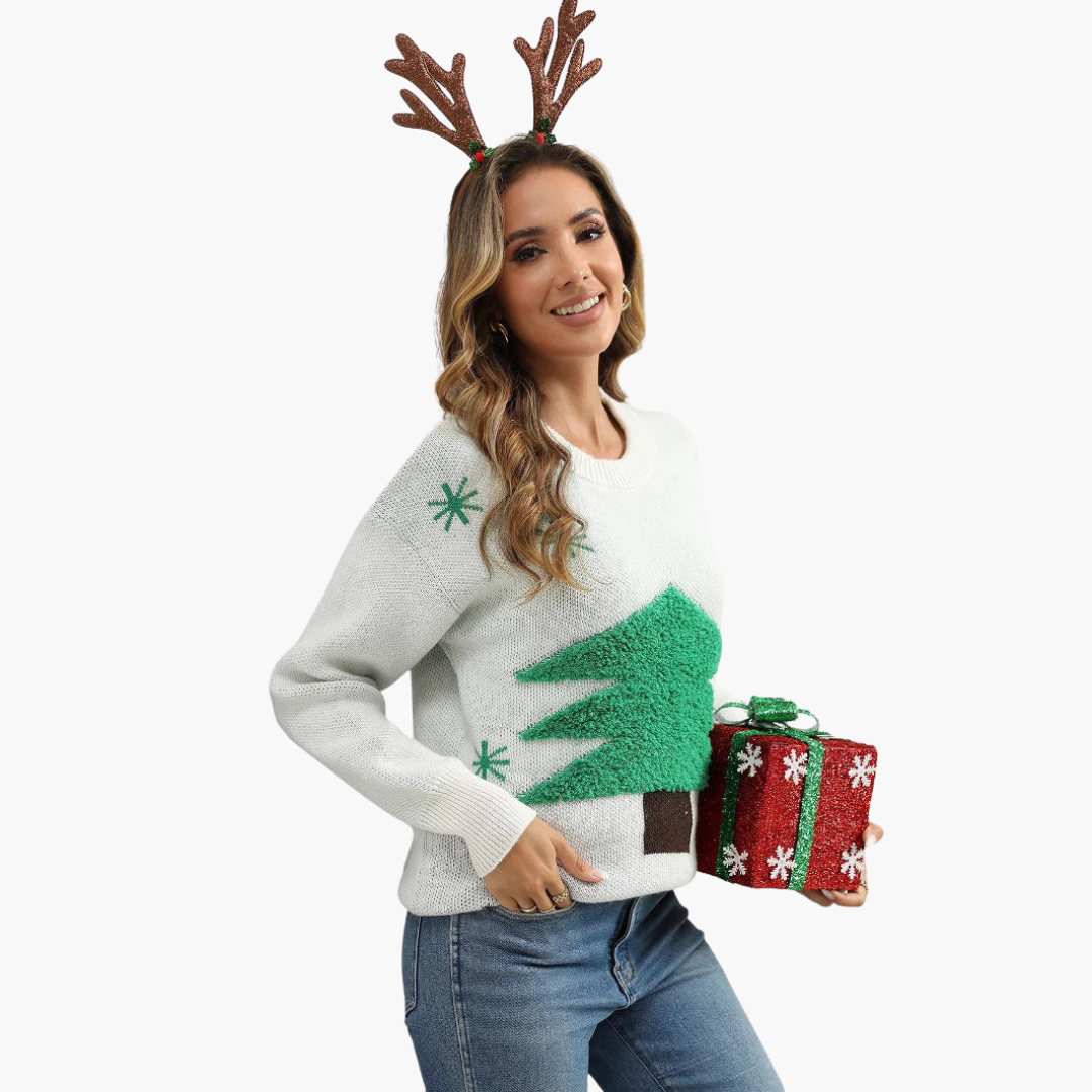Damen Weihnachtspullover mit Tannenbaum und Schneeflockenmotiv