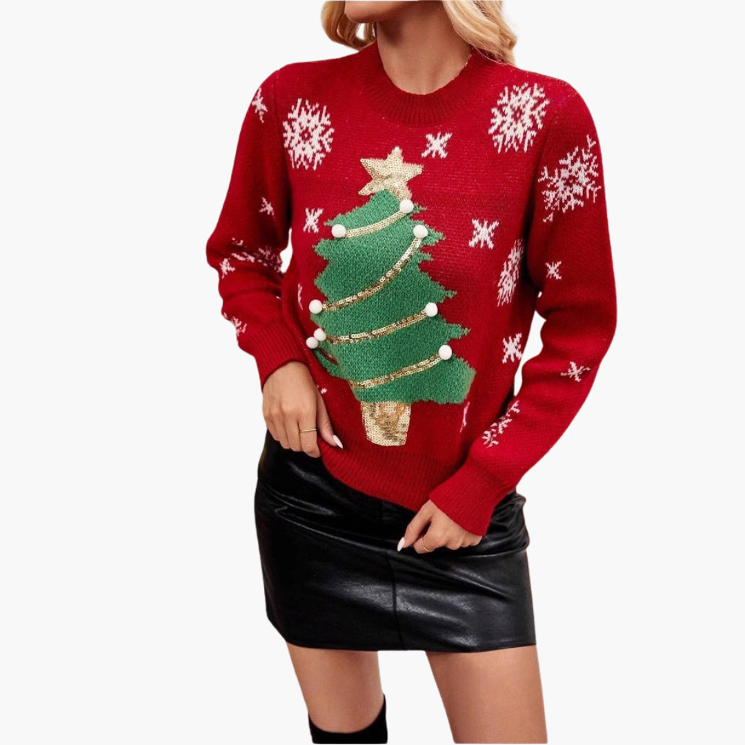 Damen Weihnachtspullover mit Tannenbaum und Schneeflockenmuster