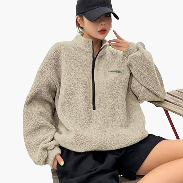 Damen Winter Sweatshirt mit Halbreißverschluss und langen Ärmeln