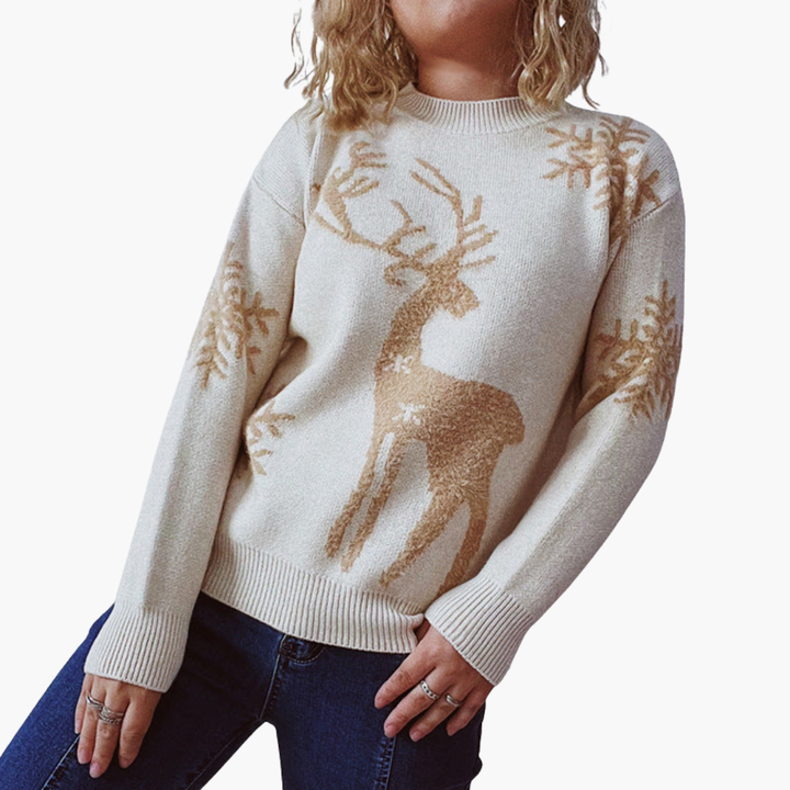 Damen pullover mit Rentiermotiv und Rippdetails