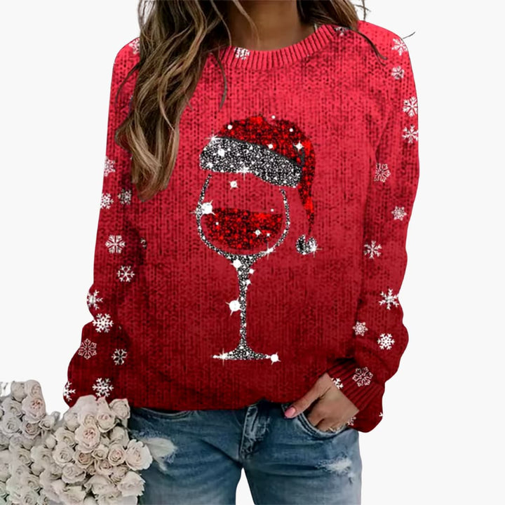 Damenpullover mit Weinglas und Schneeflockenmotiv