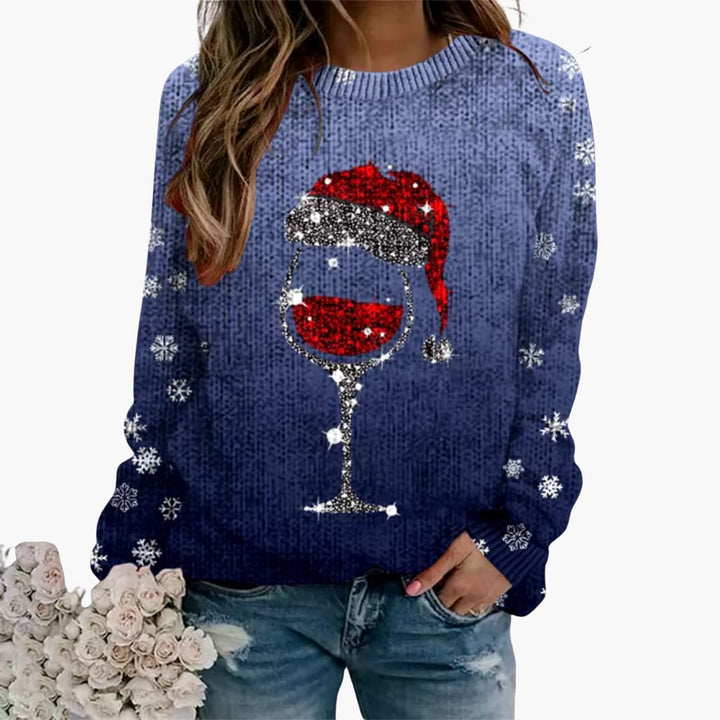 Damenpullover mit Weinglas und Schneeflockenmotiv